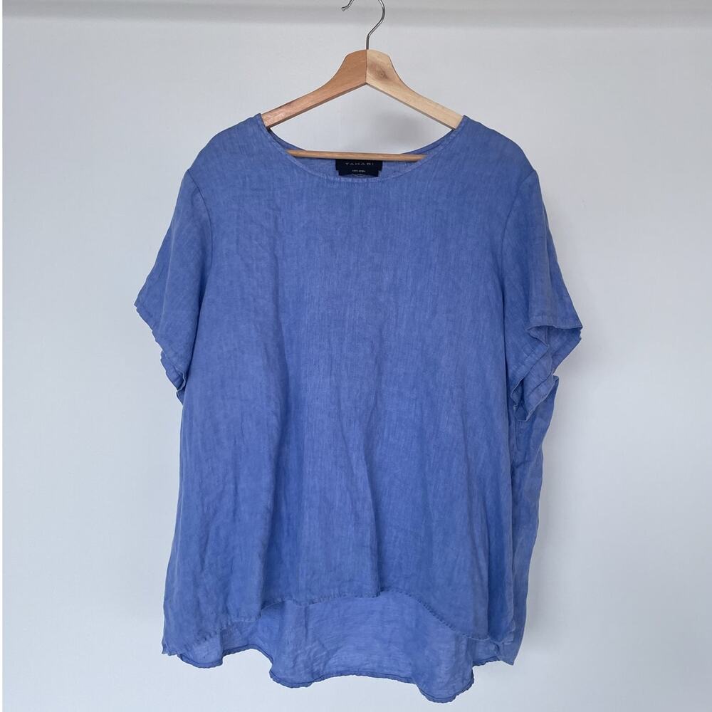 TAHARI Blue Linen Top / Sz L/XL / Short Sleeve Minimal Boxy Cut / Natural Boho
